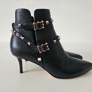 NIB AUTH VALENTINO GARAVANI Rockstud Black Calfskin Leather Boots Shoes Heels 36